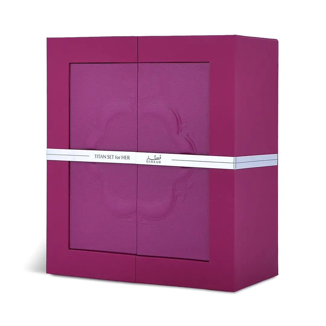 'Titan Set For Her' Purple gift box with a white ribbon on a white background with 'Gissah' branding