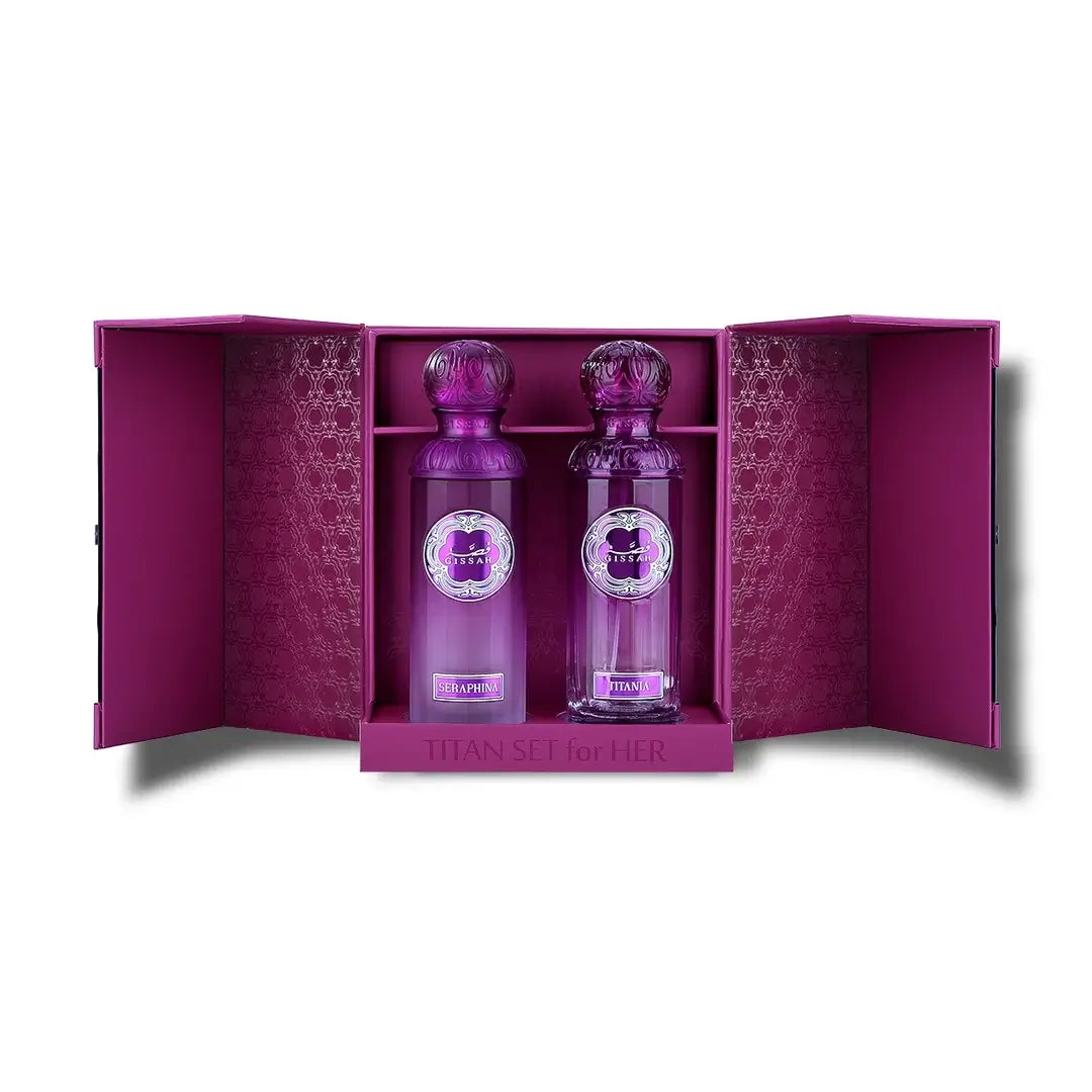 'Titan Set For Her' perfume bottles in a decorative box on a white background with 'Gissah' branding