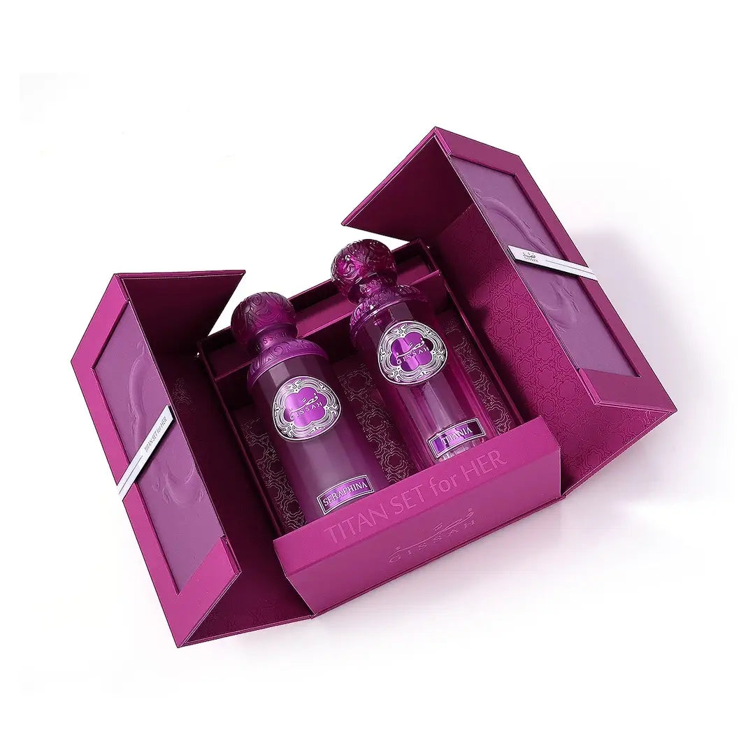 'Titan Set For Her' perfume bottles in a decorative box on a white background with 'Gissah' branding