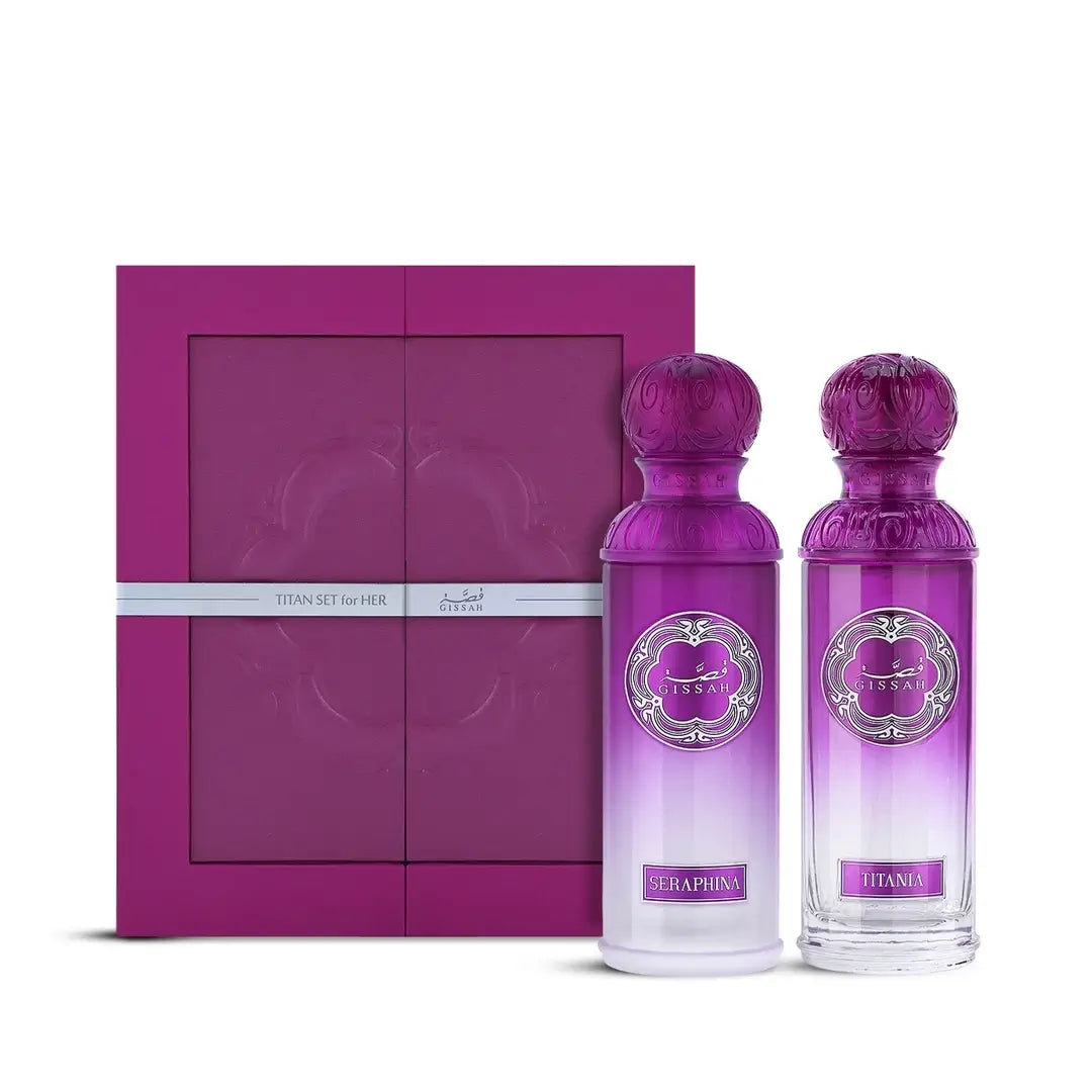 'Titan Set For Her' perfume bottles with a matching decorative box on a white background with 'Gissah' branding