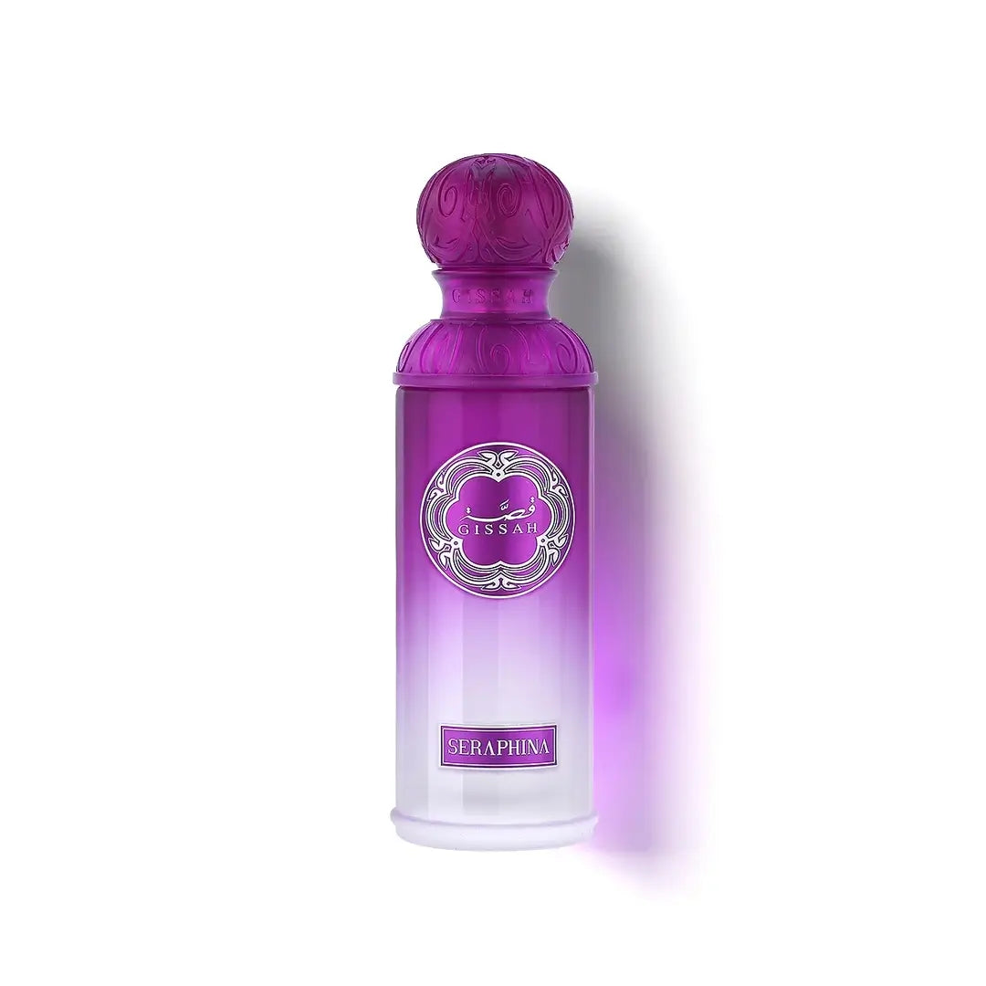 'Seraphina' Purple perfume bottle from 'titan Set For Her' with a decorative label on a white background with 'Gissah' branding