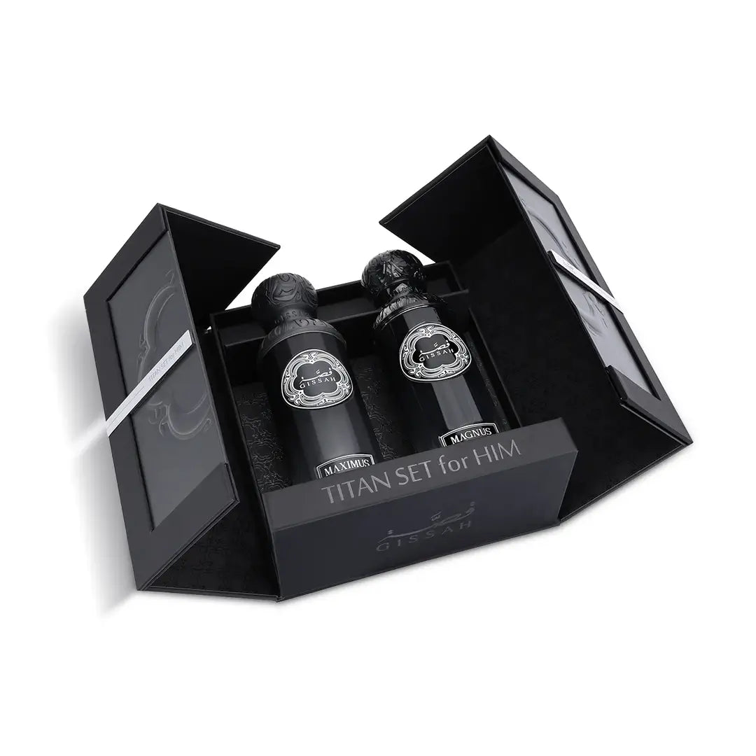 Two black bottles with silver labels in a black box labeled 'TITAN SET for HIM' on a white background with 'Gissah' branding
