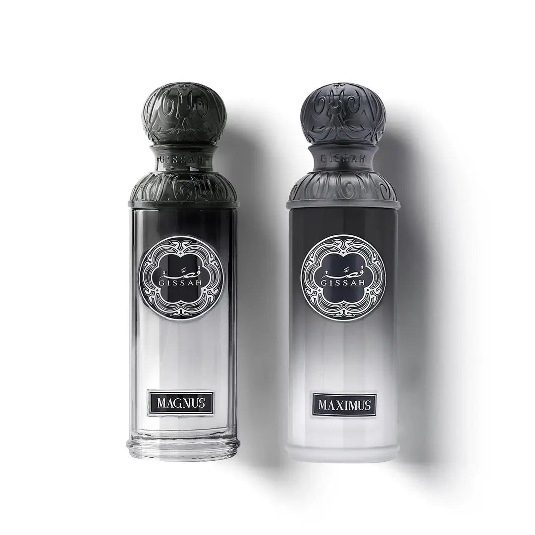 'Titan Set For Him' Two black perfume bottles labeled 'Magnus' and 'Maximus' on a white background with 'Gissah' branding