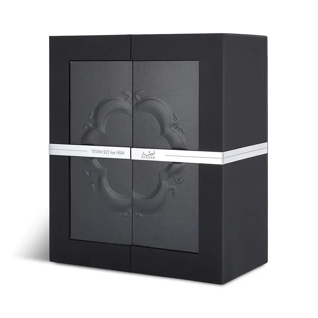 Black 'Titan Set For Him' gift box with embossed design and white band on a white background branded 'Gissah'.