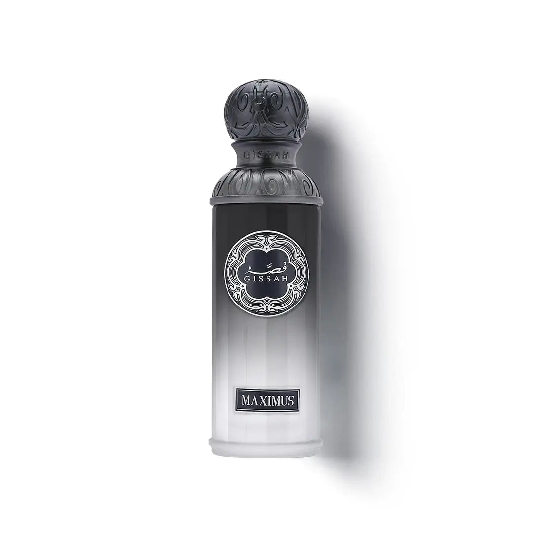 Perfume bottle labeled 'Maximus' by Gissah on a white background from 'Titan Set For Him' with Gissah branding