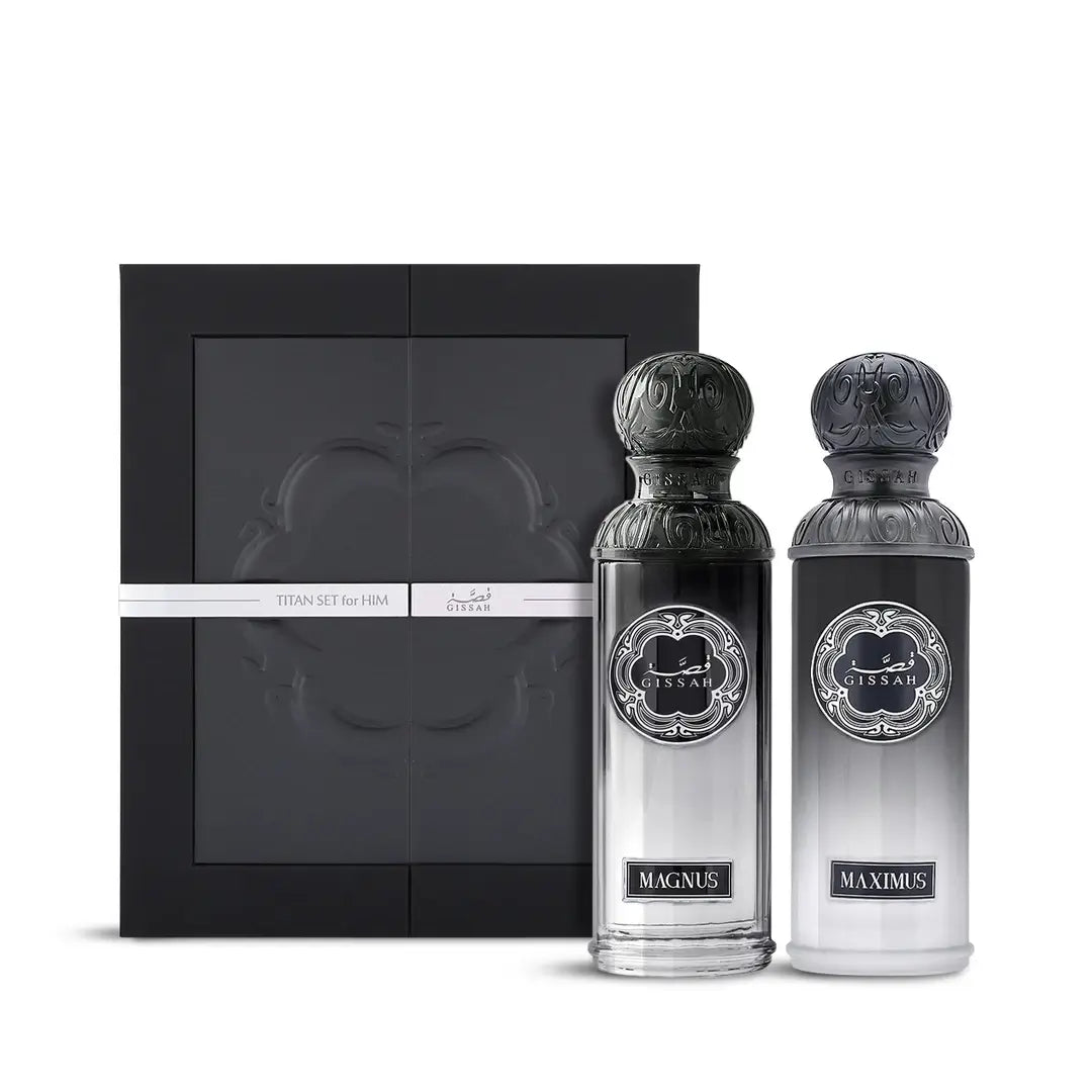 Two perfume bottles labeled 'Magnus' and 'Maximus' from 'Titan Set For Him' with a black gift box on a white background with 'Gissah' branding.