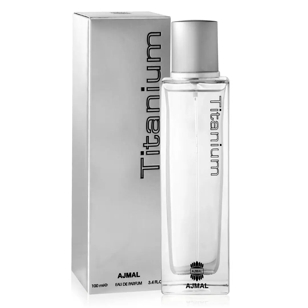 'Titanium' perfume bottle & packaging in a white background with 'Ajmal' branding