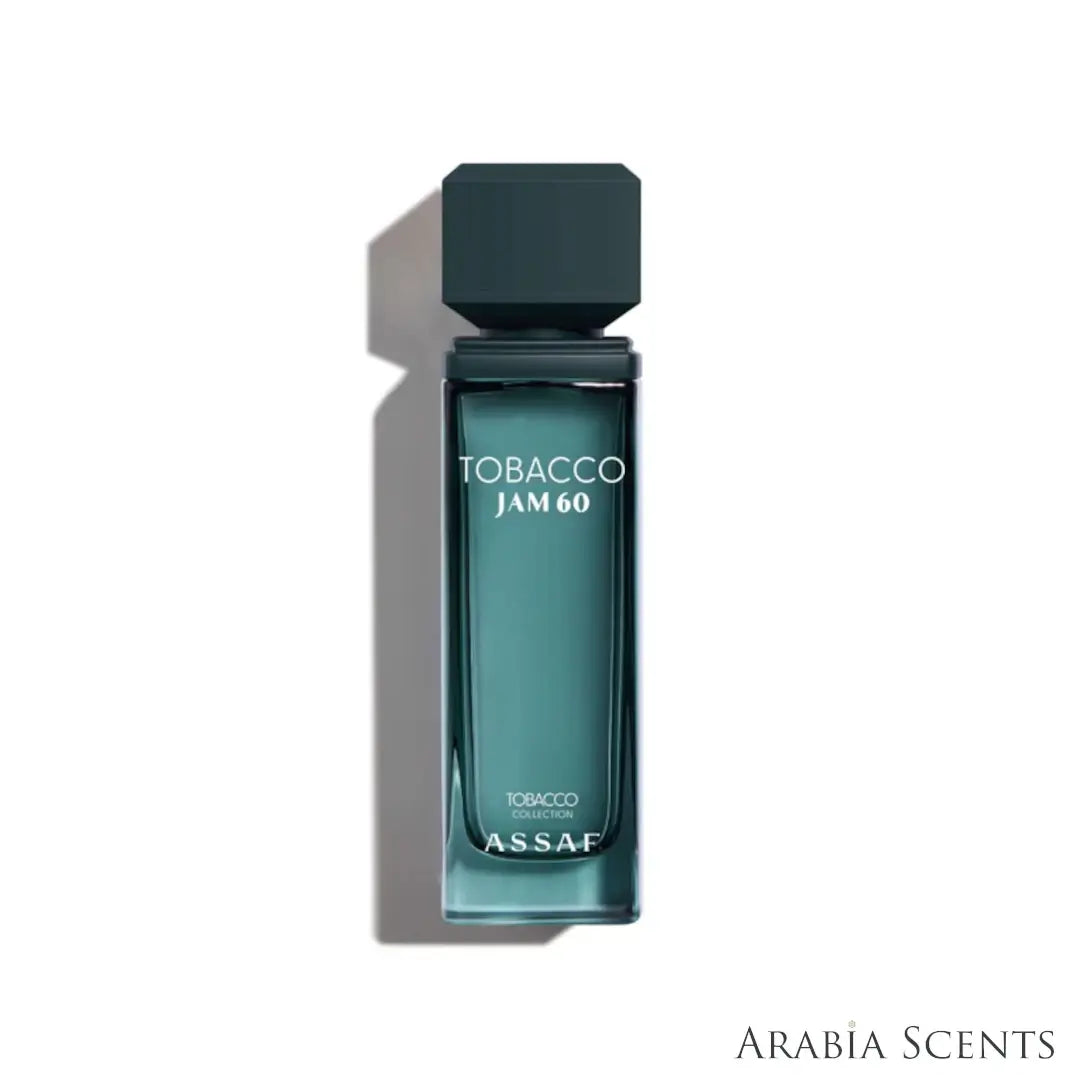 'Tobacco Jam 60' perfume bottle on a white background with 'Assaf' branding featured by 'Arabiascents'