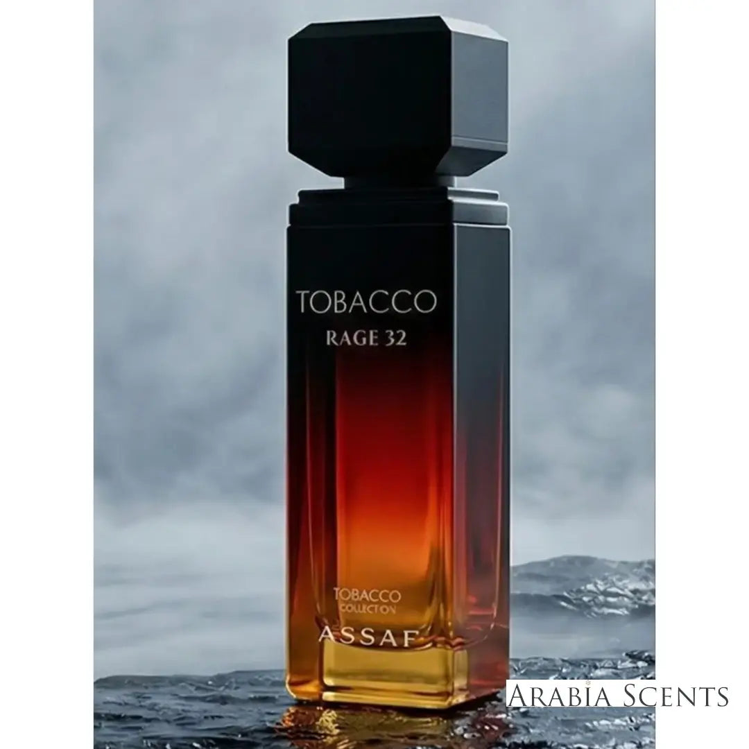'Tobacco Rage 32' perfume bottle  with 'Assaf' branding featured by 'Arabiascents'