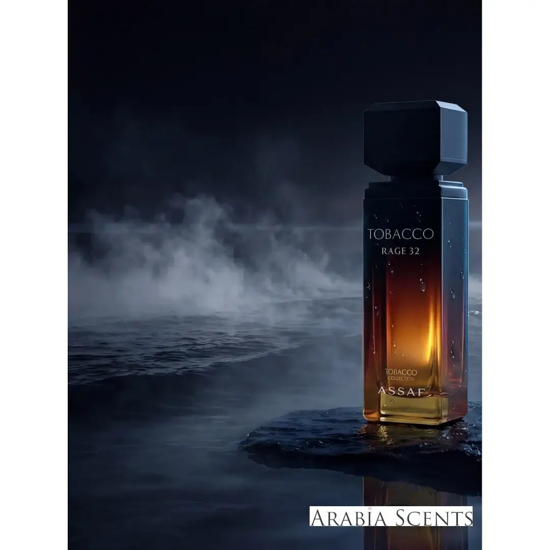 'Tobacco Rage 32' perfume bottle  with 'Assaf' branding featured by 'Arabiascents'