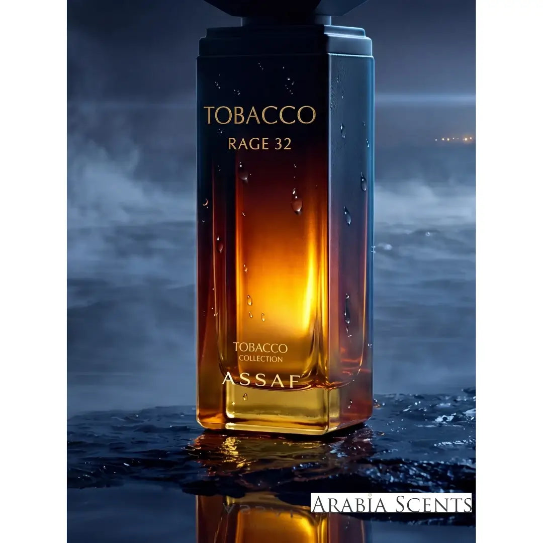 'Tobacco Rage 32' perfume bottle  with 'Assaf' branding featured by 'Arabiascents'