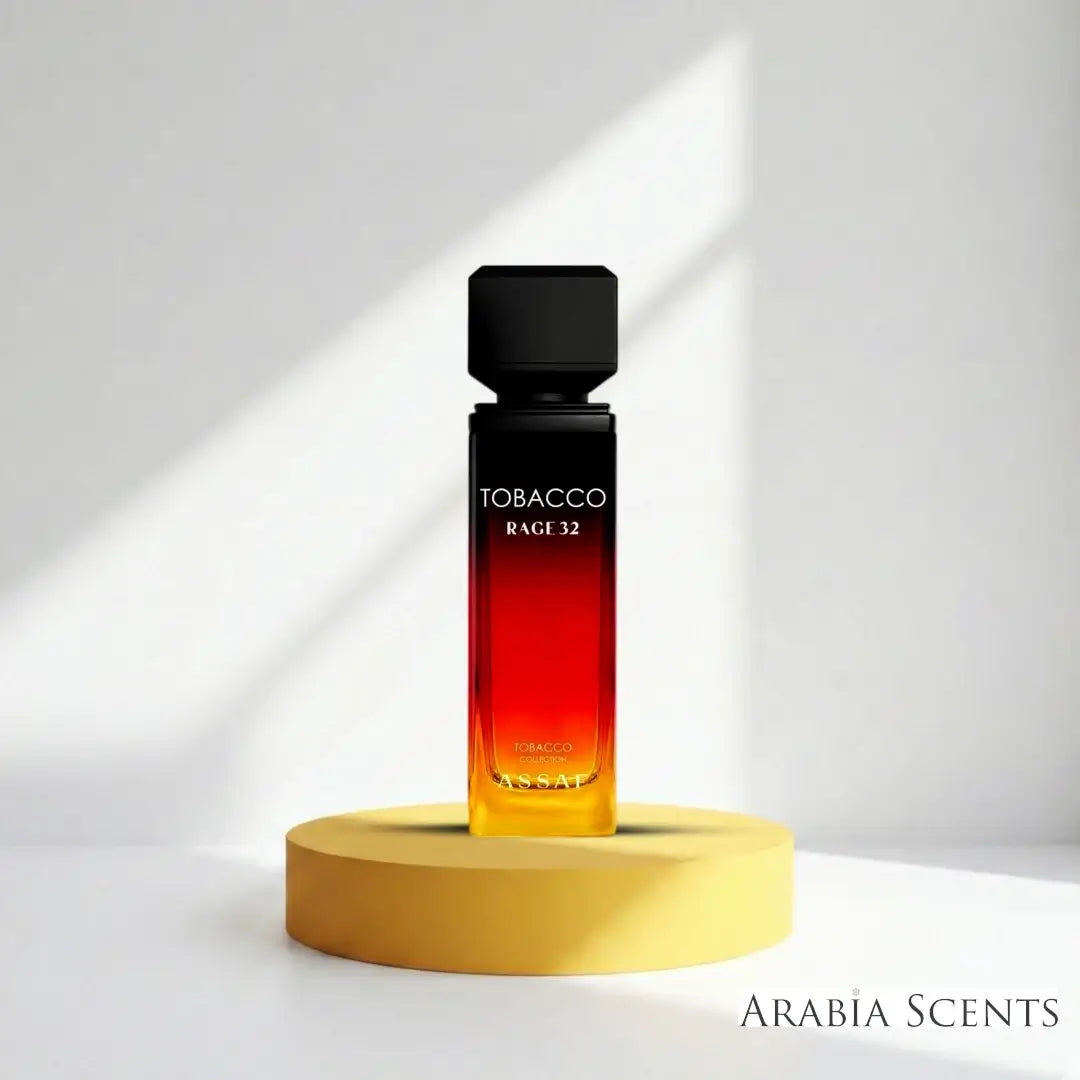 'Tobacco Rage 32' perfume bottle on a white background with 'Assaf' branding featured by 'Arabiascents'
