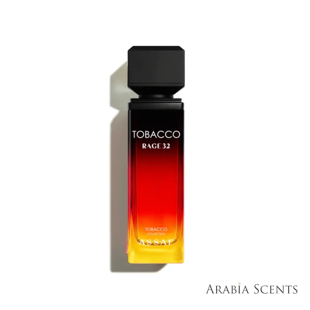 'Tobacco Rage 32' perfume bottle on a white background with 'Assaf' branding featured by 'Arabiascents'