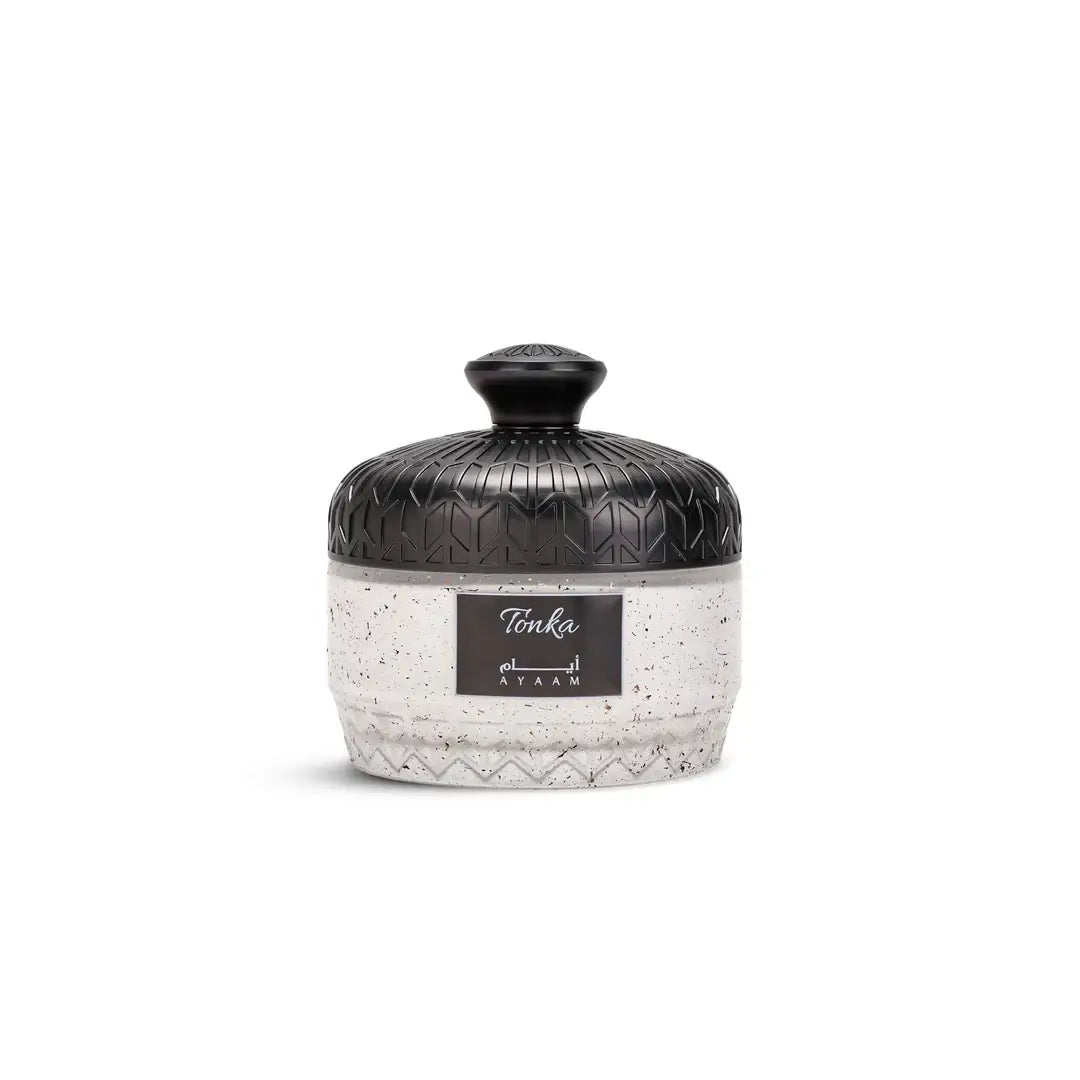 'Tonka Body Powder' in a white background with 'Ayaam' branding