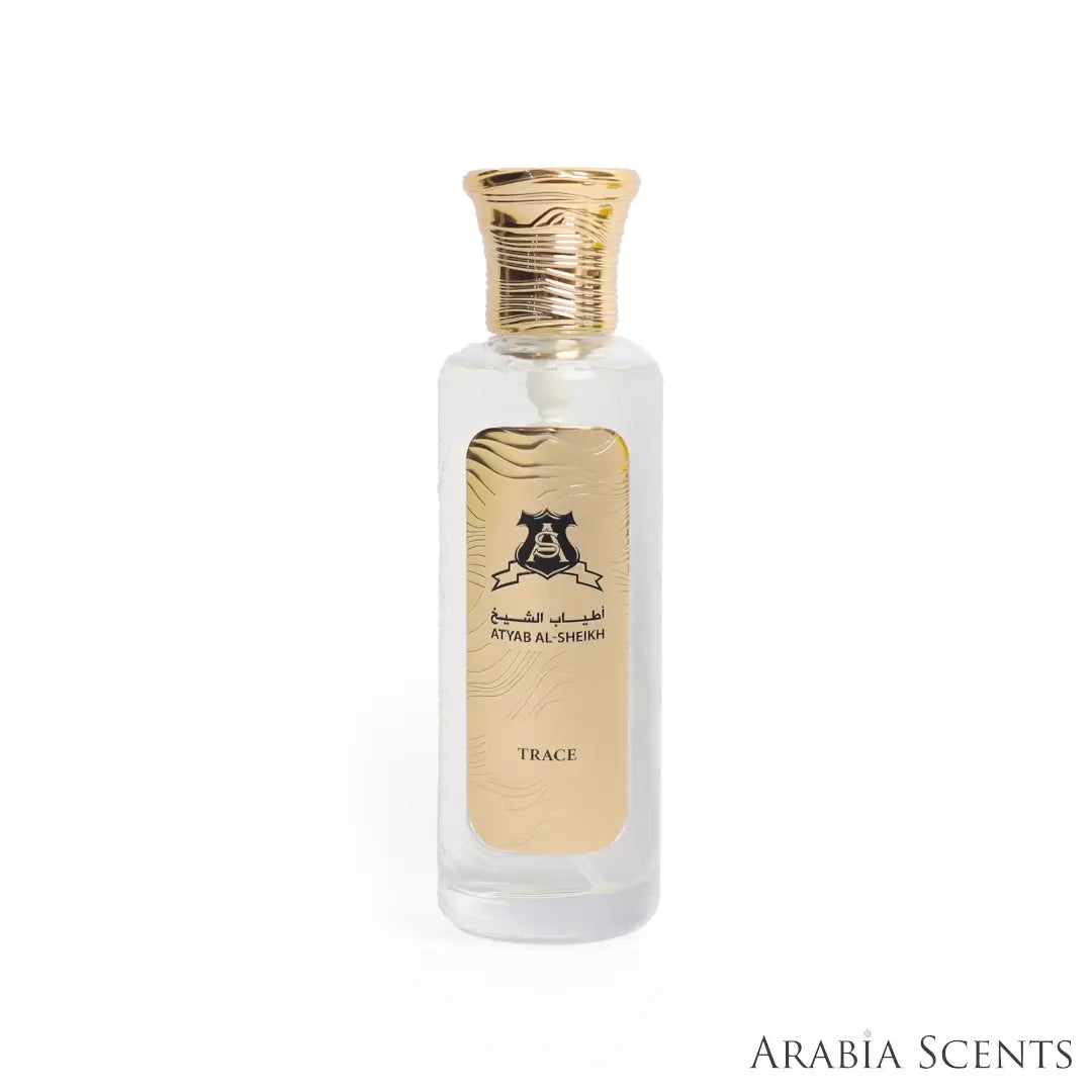 'Trace' perfume bottle on a white background with 'Atyab Al Sheikh' branding featured by 'Arabiascents'