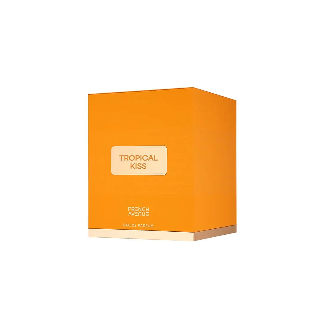 Orange box branded French Avenue Tropical Kiss Perfume on a white background