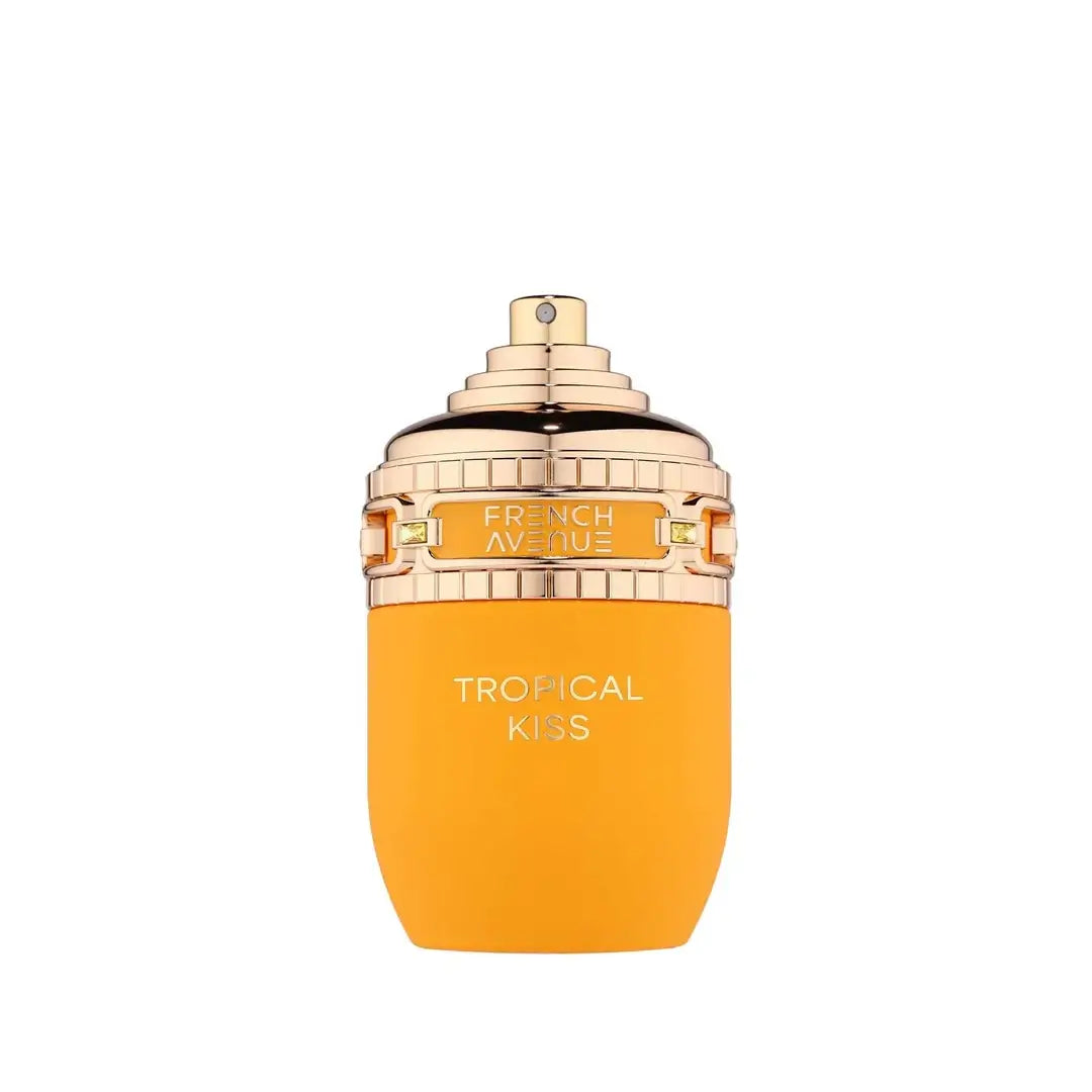 Tropical Kiss Yellow perfume bottle with gold cap on a white background branded French Avenue