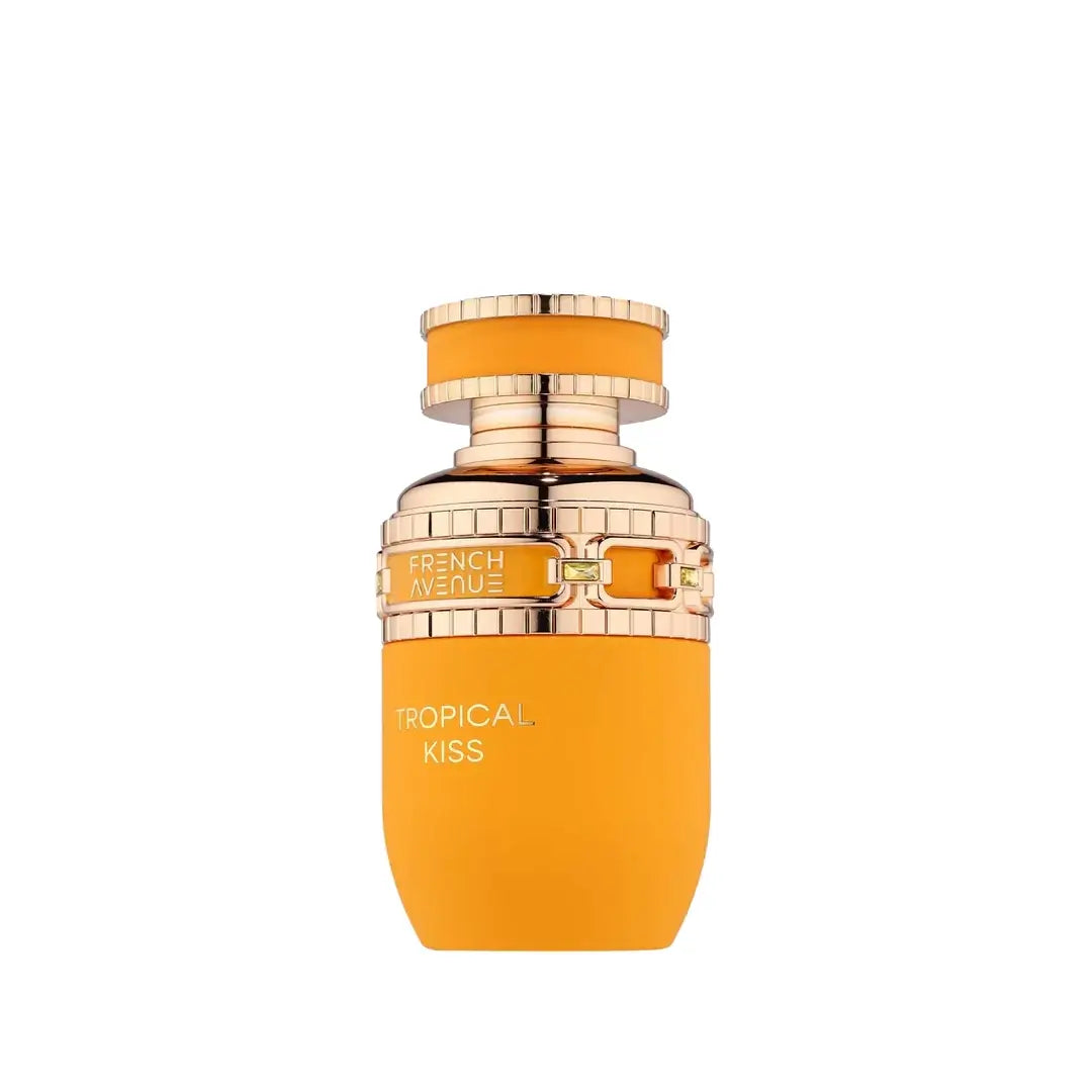 Tropical Kiss Orange perfume bottle with gold accents on a white background branded French Avenue