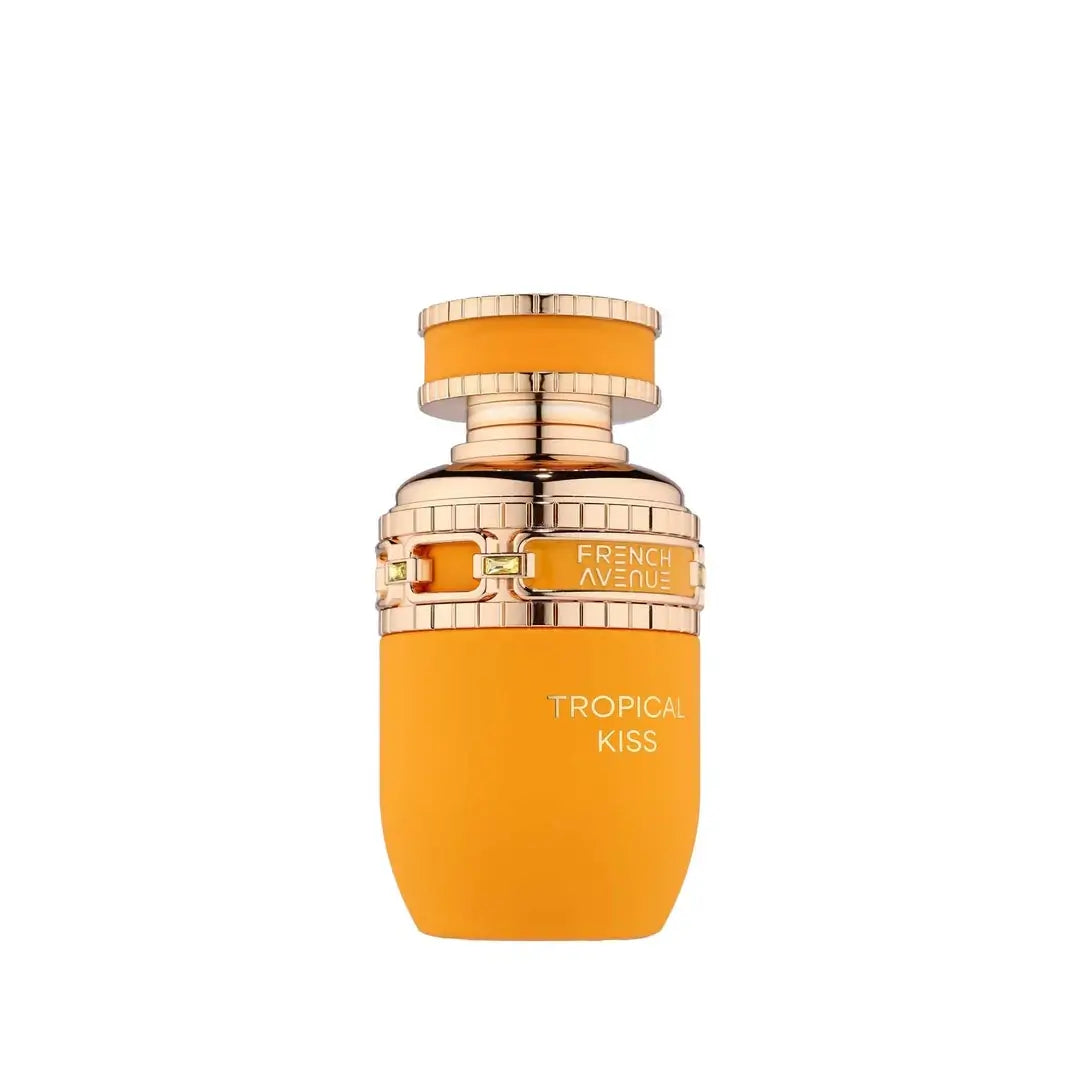 Tropical Kiss Orange perfume bottle with gold accents on a white background branded French Avenue