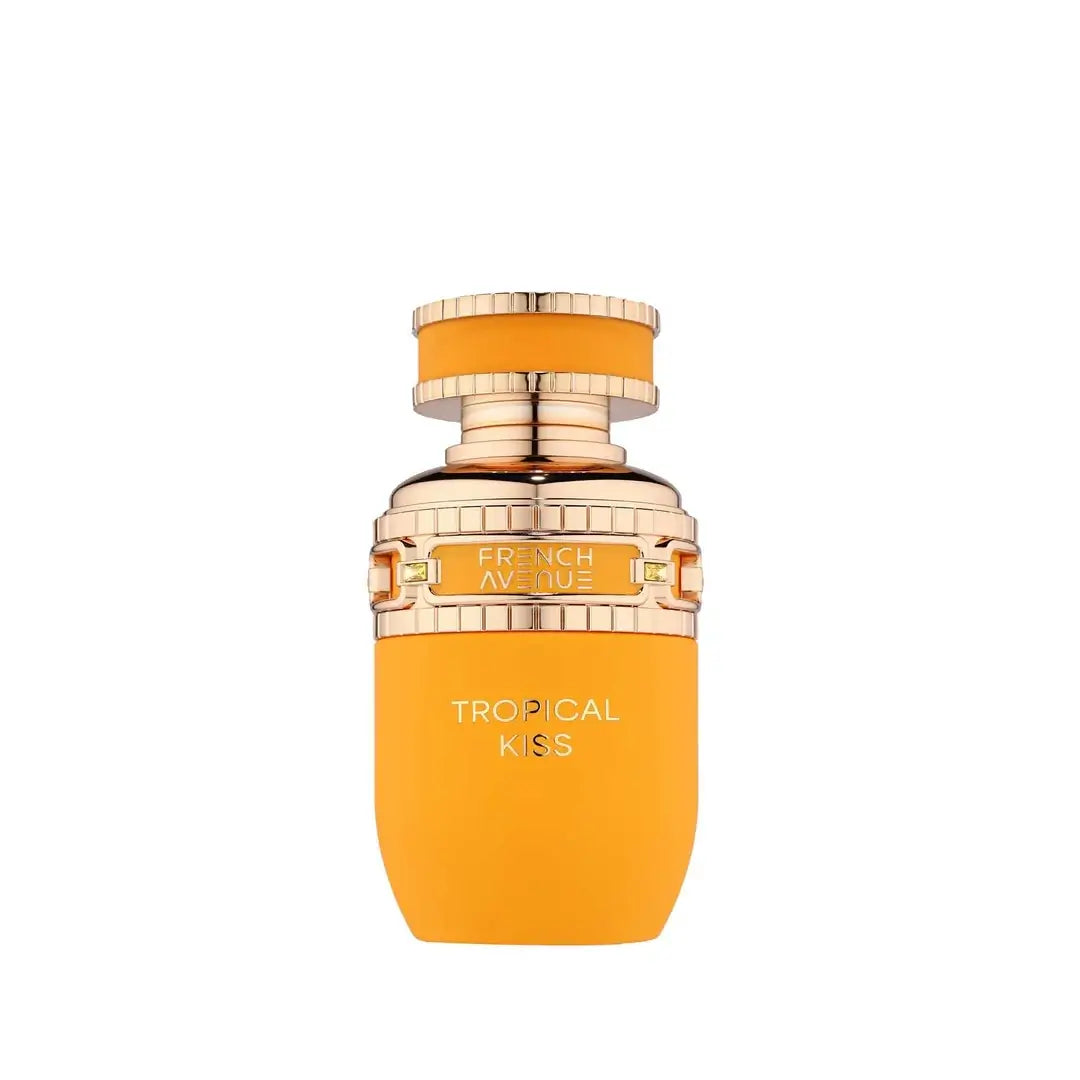 Tropical Kiss Orange perfume bottle with gold cap on a white background  branded French Avenue