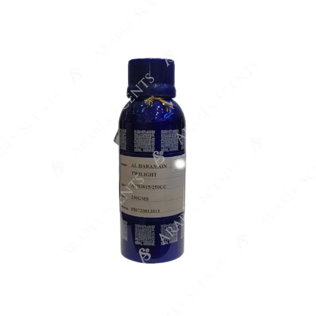 'Twilight' perfume oil blue bottle with 'Al Haramain' branding on a white background