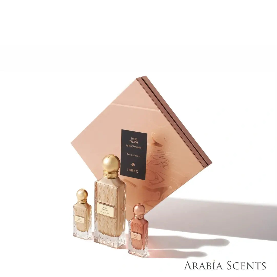 Dor Tresor Perfume box by IBRAQ in elegant packaging on a white background featured by 'ArabiaScents'