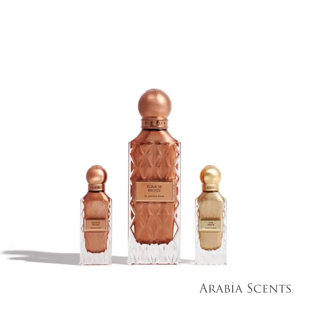 Elixir De Bronze perfume set by IBRAQ on a white background featured by 'ArabiaScents'