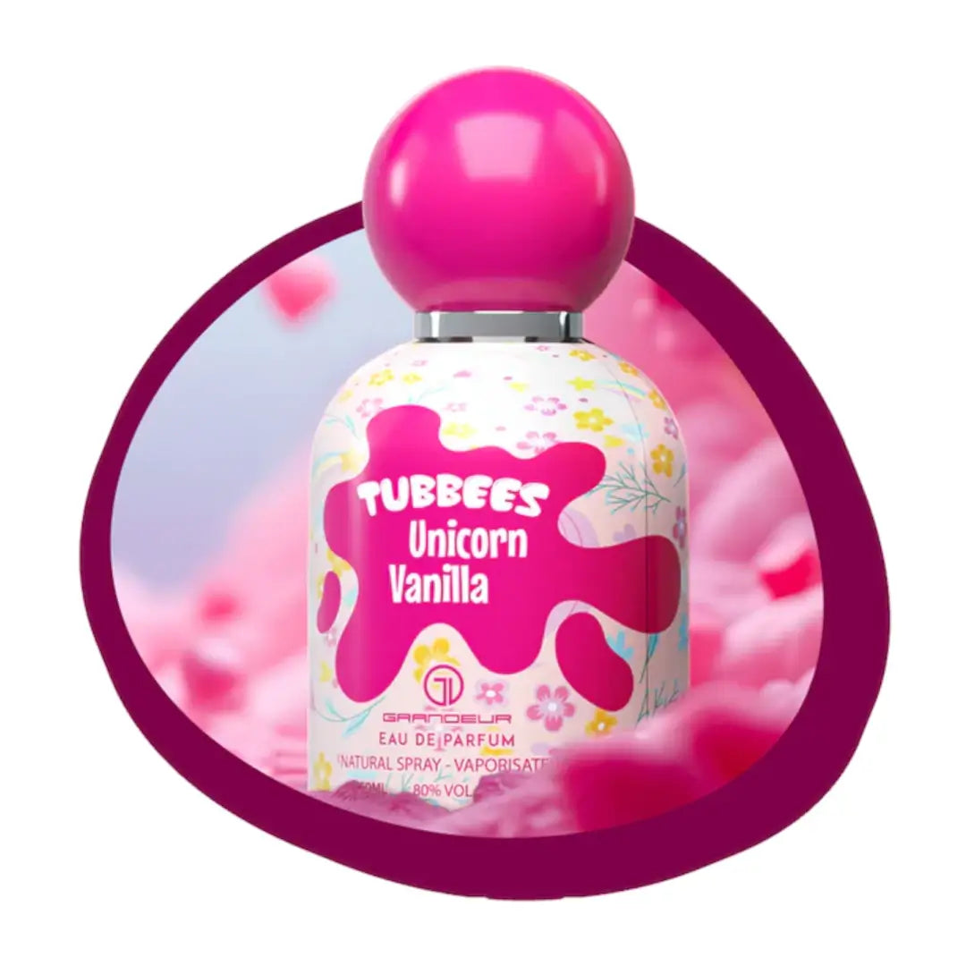 'Unicorn Vanilla' perfume bottle with pink cap on a white background with 'Tubbees' branding