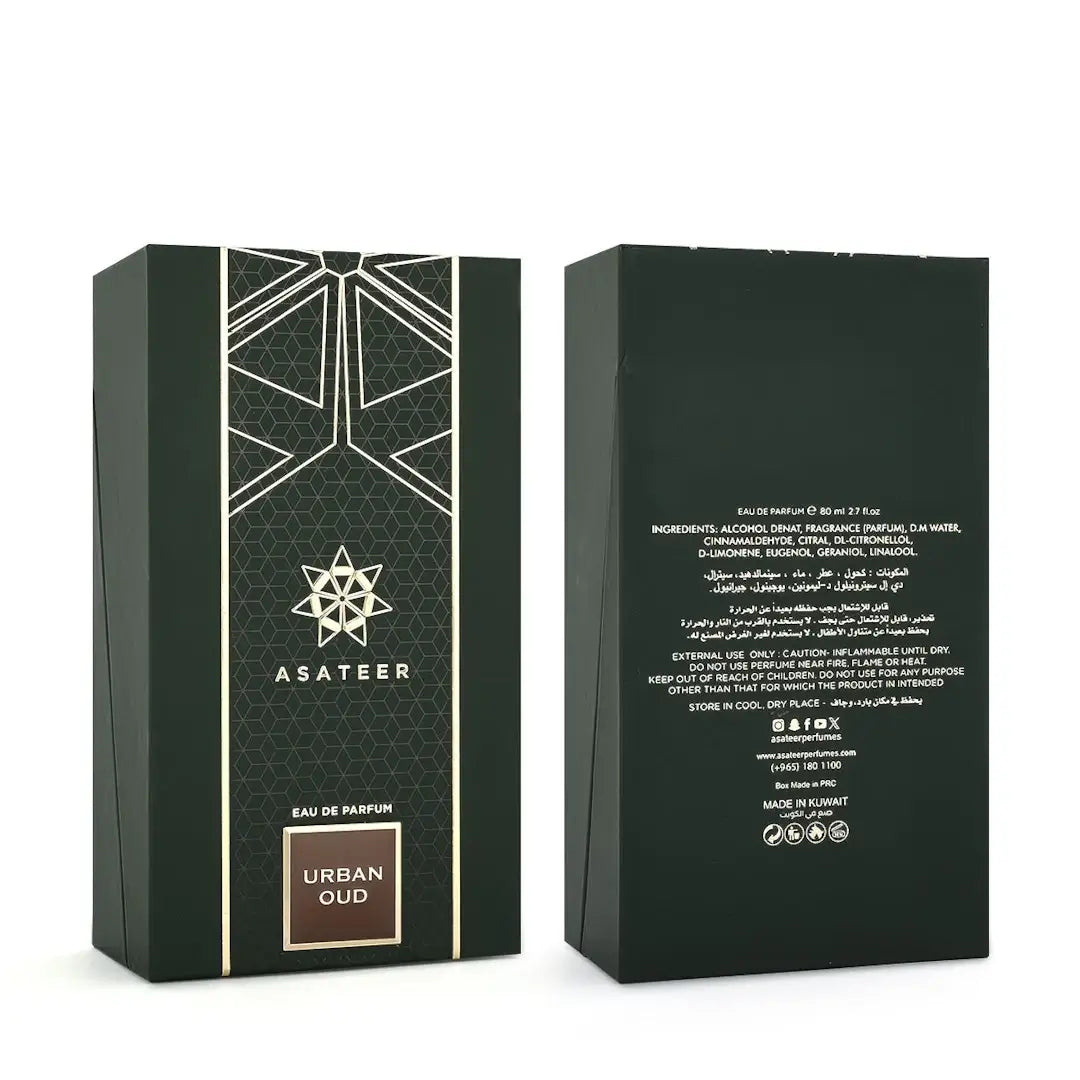 Asateer Urban Oud perfume bottle and packaging on a white background