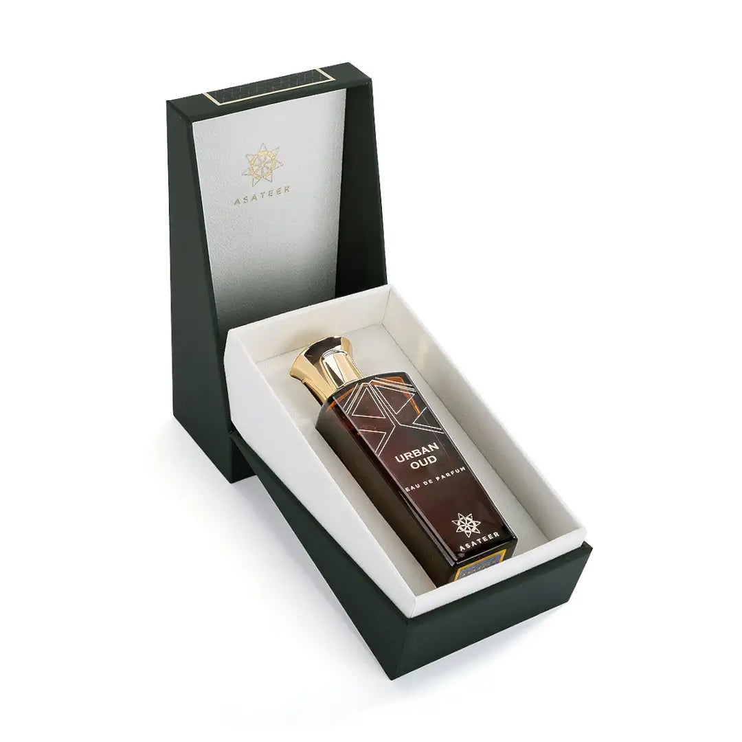Perfume bottle labeled 'Urban Oud' in a black and white box with Asateer brand logo