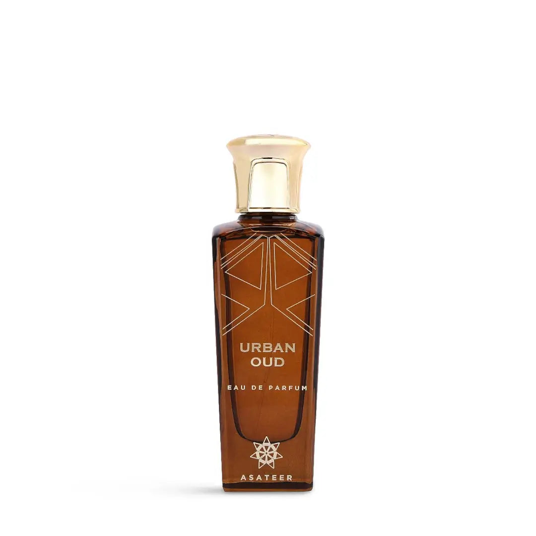 'Urban Oud' Brown perfume bottle with gold cap on a white background branded Asateer