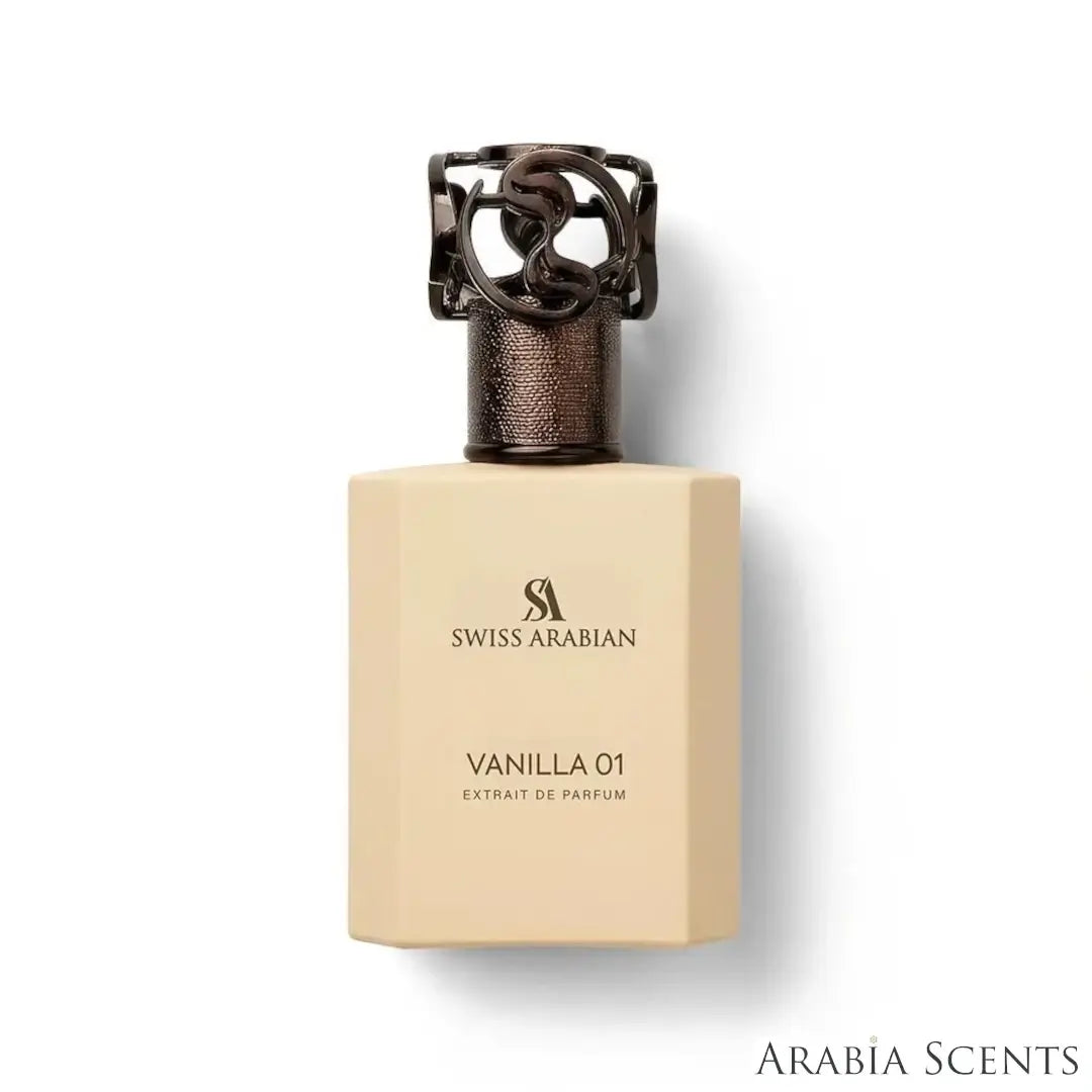 'Vanilla 01' perfume bottle on a white background with 'Swiss Arabian' branding featured by 'Arabiascents'