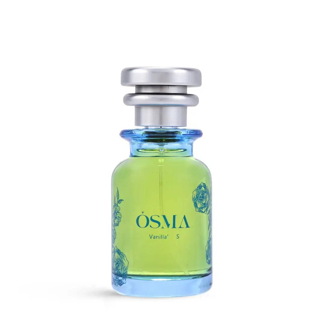 'Vanilla S' perfume bottle with silver cap on a white background with 'Osma' branding