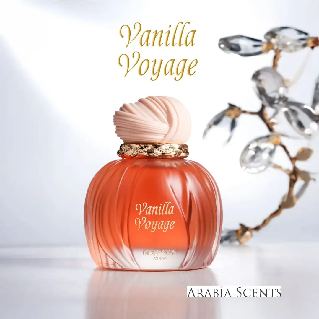 Vanilla Voyage perfume bottle with decorative elements with Maison Asrar branding on a light background featured on ArabiaScents