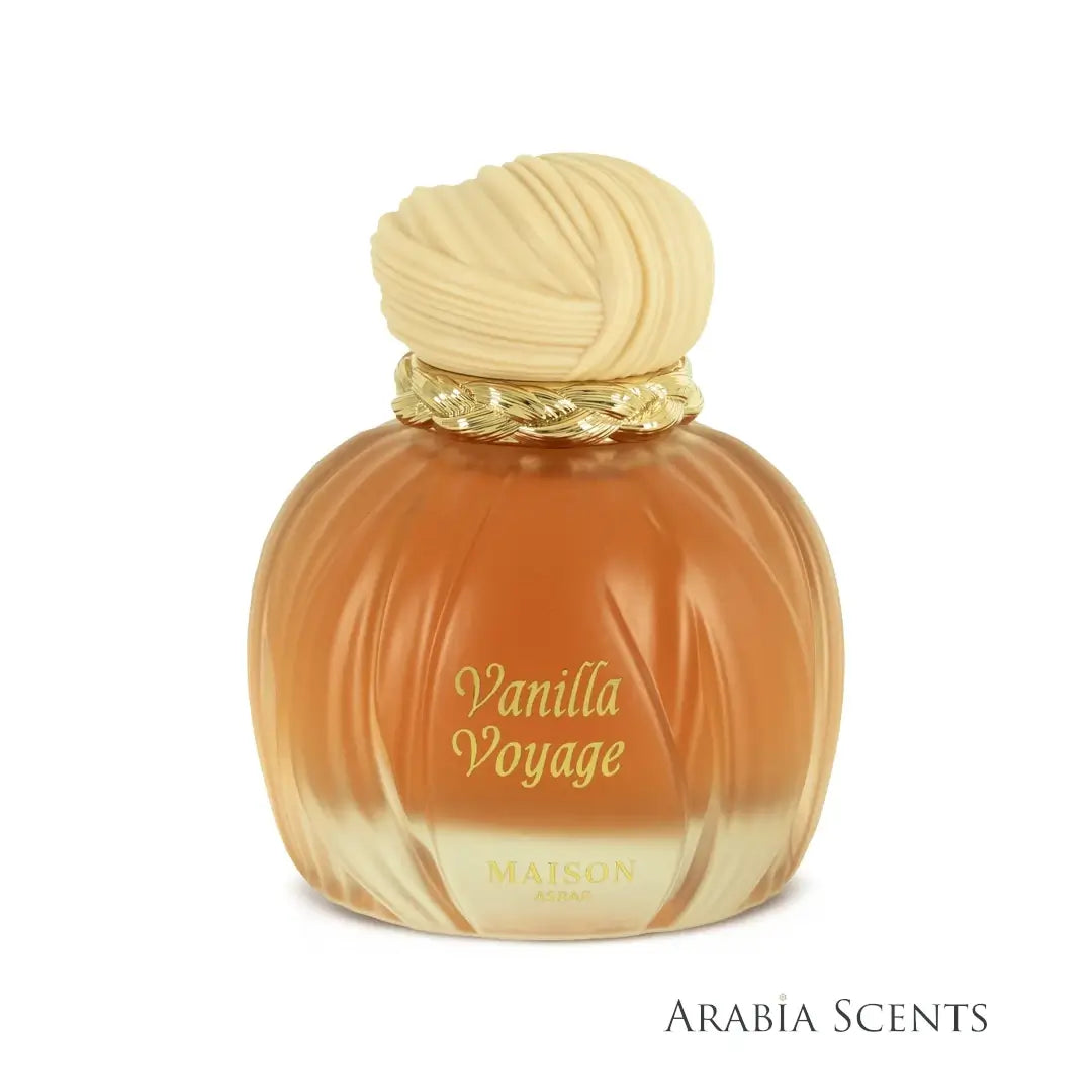 Perfume bottle labeled 'Vanilla Voyage' branded by 'Maison Asrar' featured on  ArabiaScents on a white background