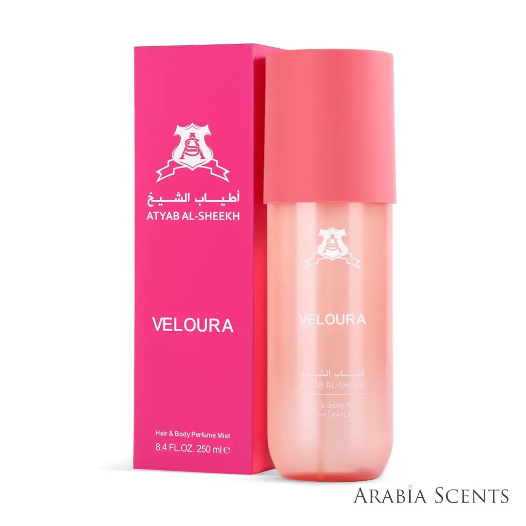 'Veloura' hair & body mist perfume bottle & packaging on a white background with 'Atyab Al Sheikh' branding featured by 'Arabiascents'
