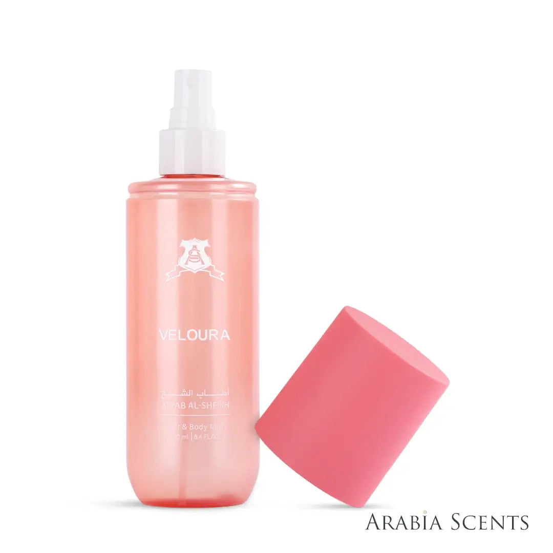 'Veloura' hair & body mist perfume bottle on a white background with 'Atyab Al Sheikh' branding featured by 'Arabiascents'