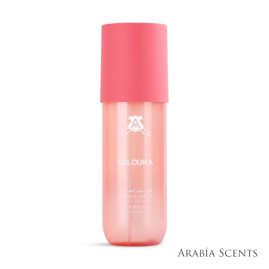 'Veloura' hair & body mist perfume bottle on a white background with 'Atyab Al Sheikh' branding featured by 'Arabiascents'