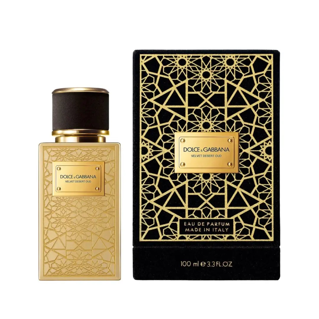 Dolce & Gabbana Velvet Desert Oud Limited Edition perfume bottle and packaging with gold and black design on a white background