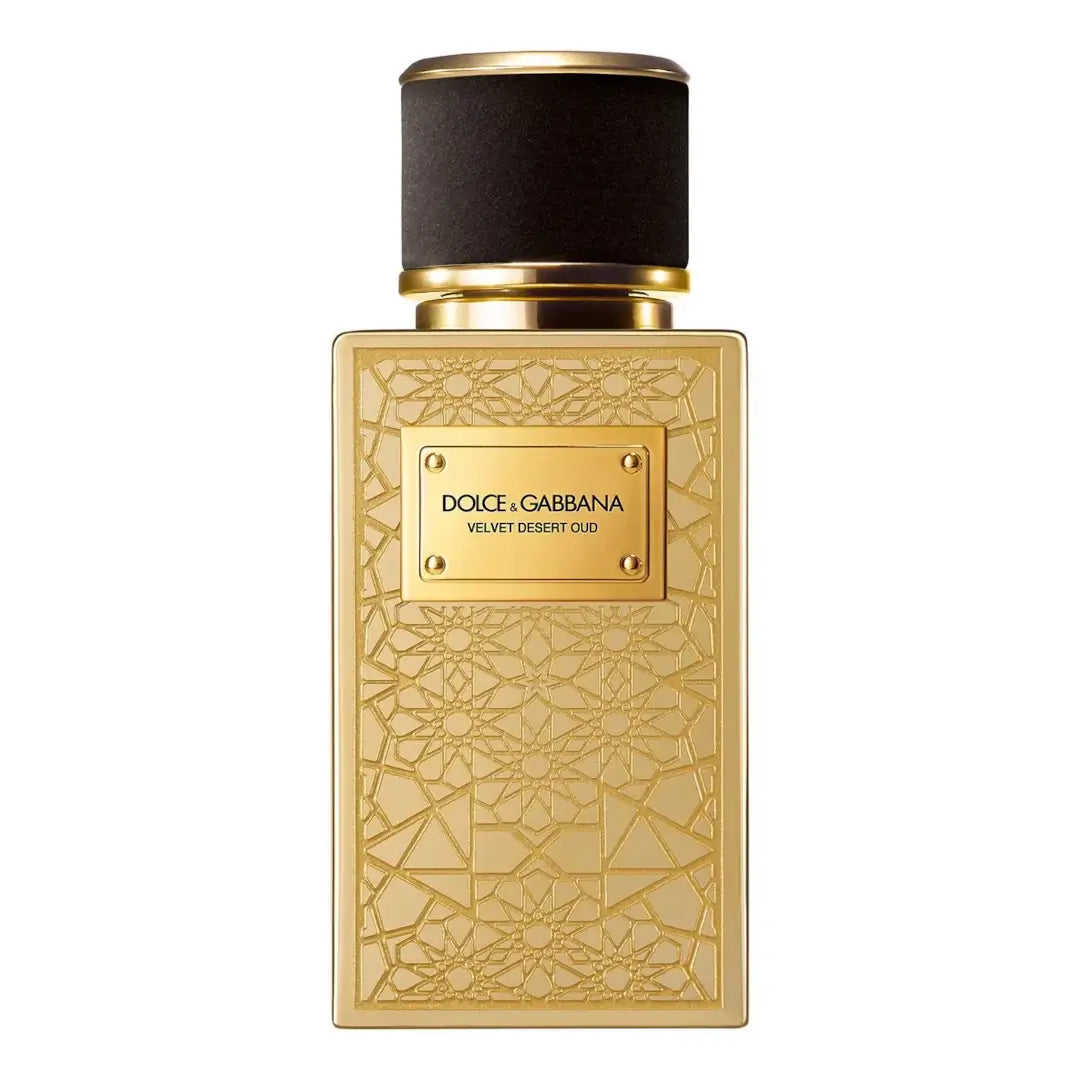 Velvet Desert Oud Limited Edition Dolce & Gabbana perfume bottle with intricate design on a white background