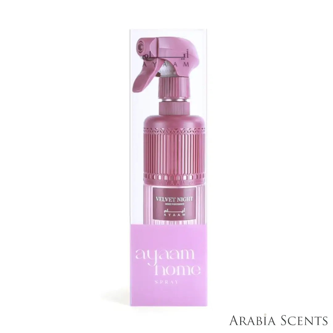 'Velvet Night' home fragrance bottle & packaging on a white background with 'Ayaam' branding featured by 'Arabiascents'