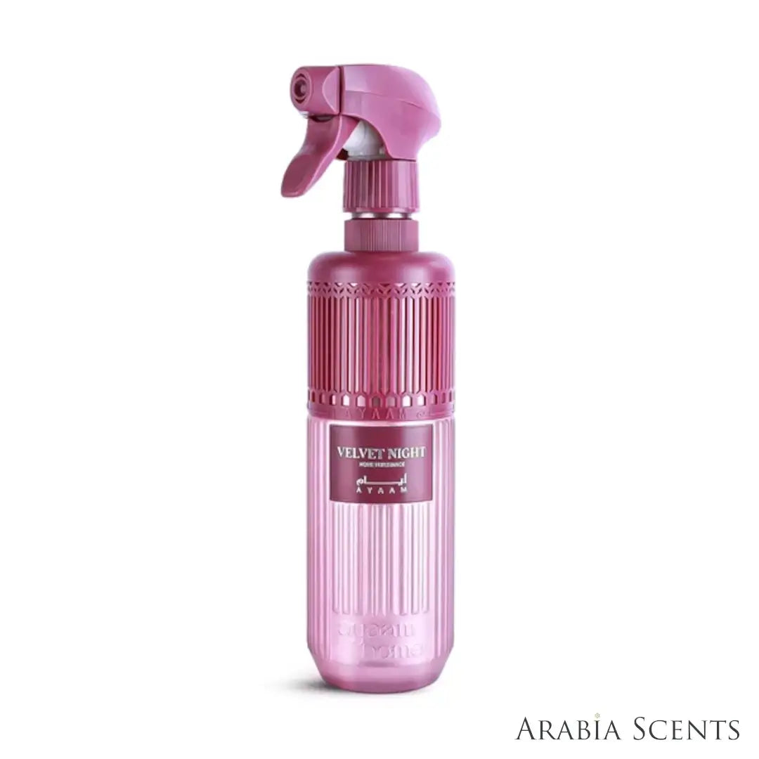 'Velvet Night' home fragrance bottle on a white background with 'Ayaam' branding featured by 'Arabiascents'