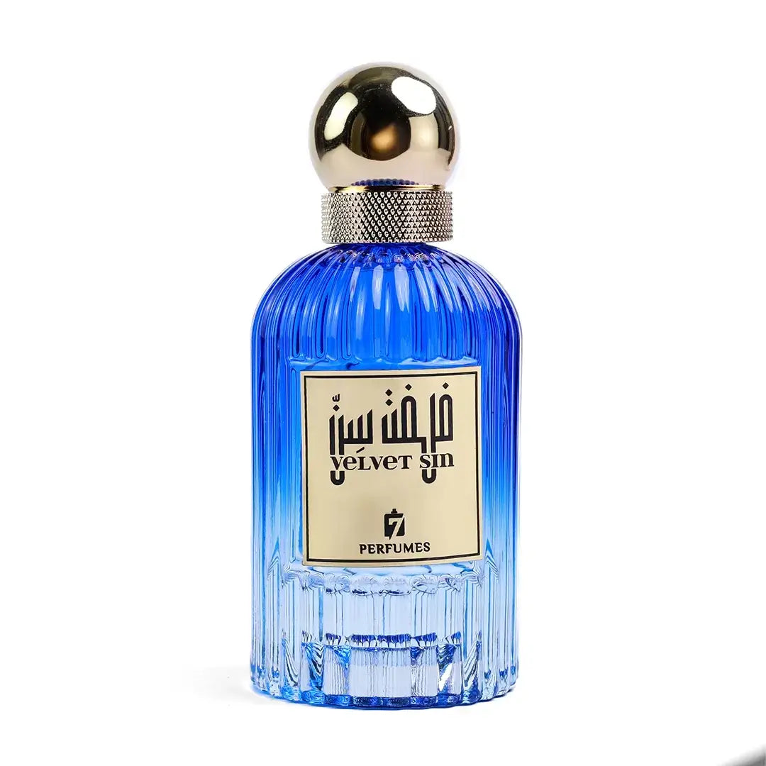 Velvet Sin perfume bottle with gold cap on a white background with 7 Perfumes branding