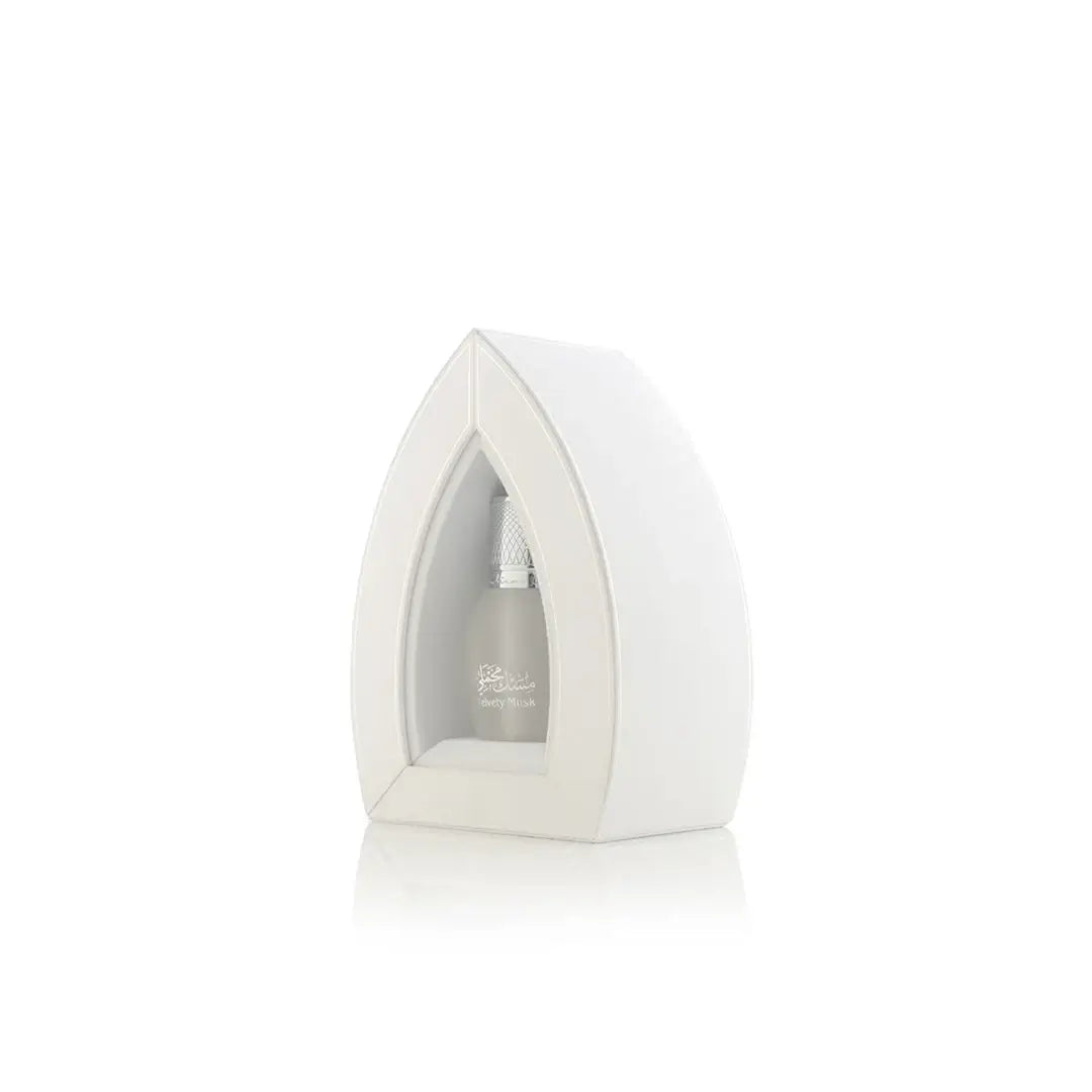 'Velvety Musk' bottle with cap on a white background branded by Arabian Oud