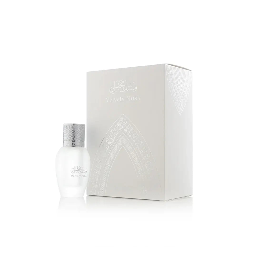 'Velvety Musk' White perfume bottle and packaging on a white background by Arabian Oud