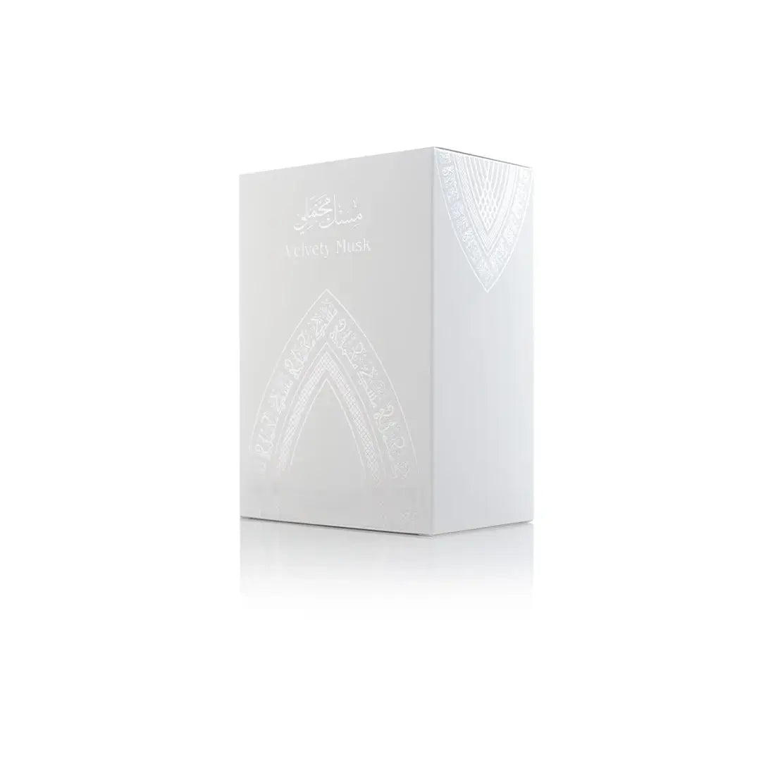 'Velvety Musk' White rectangular box with embossed design on a white background by Arabian Oud