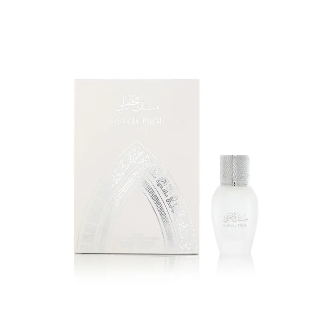 Perfume bottle and packaging labeled 'Velvety Musk' on a white background by Arabian Oud