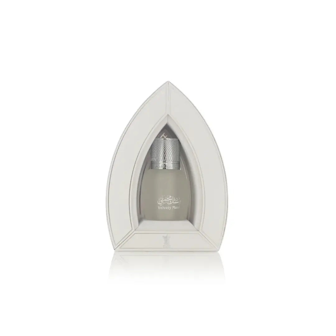 'Velvety Musk' bottle with cap on a white background branded Arabian Oud