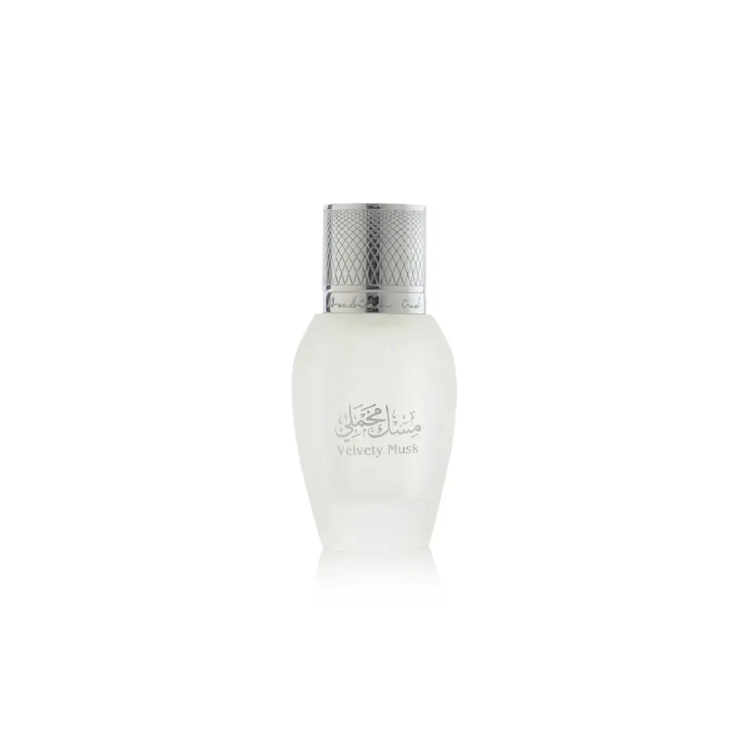 'Velvety Musk' bottle with silver cap on a white background by Arabian Oud