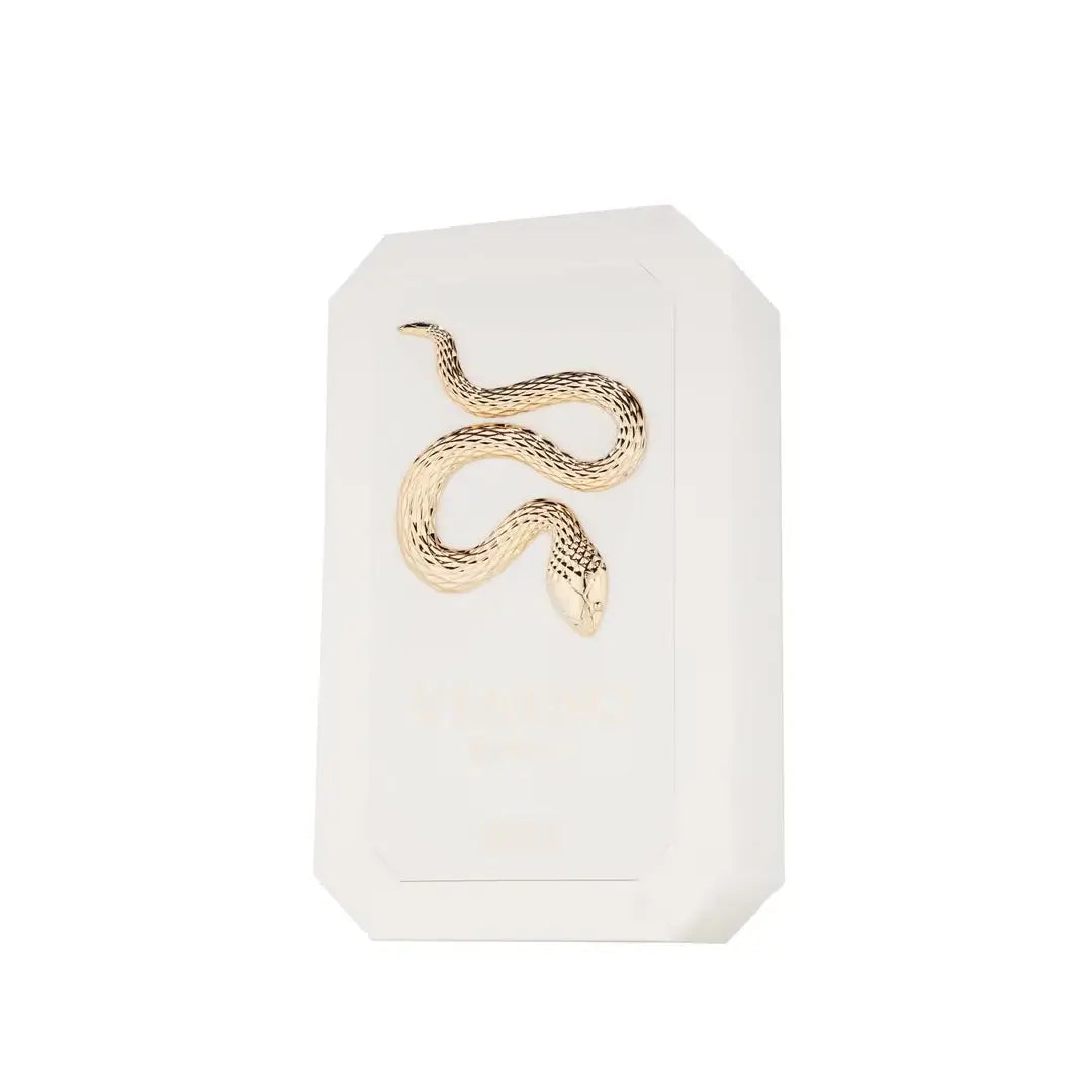Veneno Bianco Perfume Gold snake-shaped on a white perfume box by French Avenue